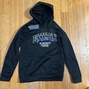 ROMWE Black Hoodie with Butterfly Text